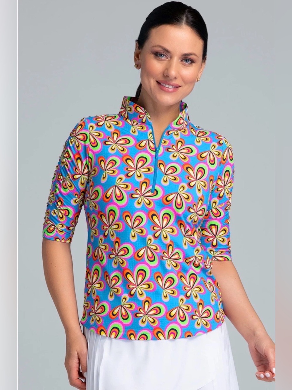 NWT IBKUL Arya Print Ruched Sleeve Quarter Zip Golf Tennis Top Large Turq Multi